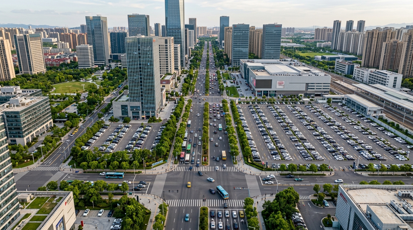 Aerial Urban City Parking and Traffic