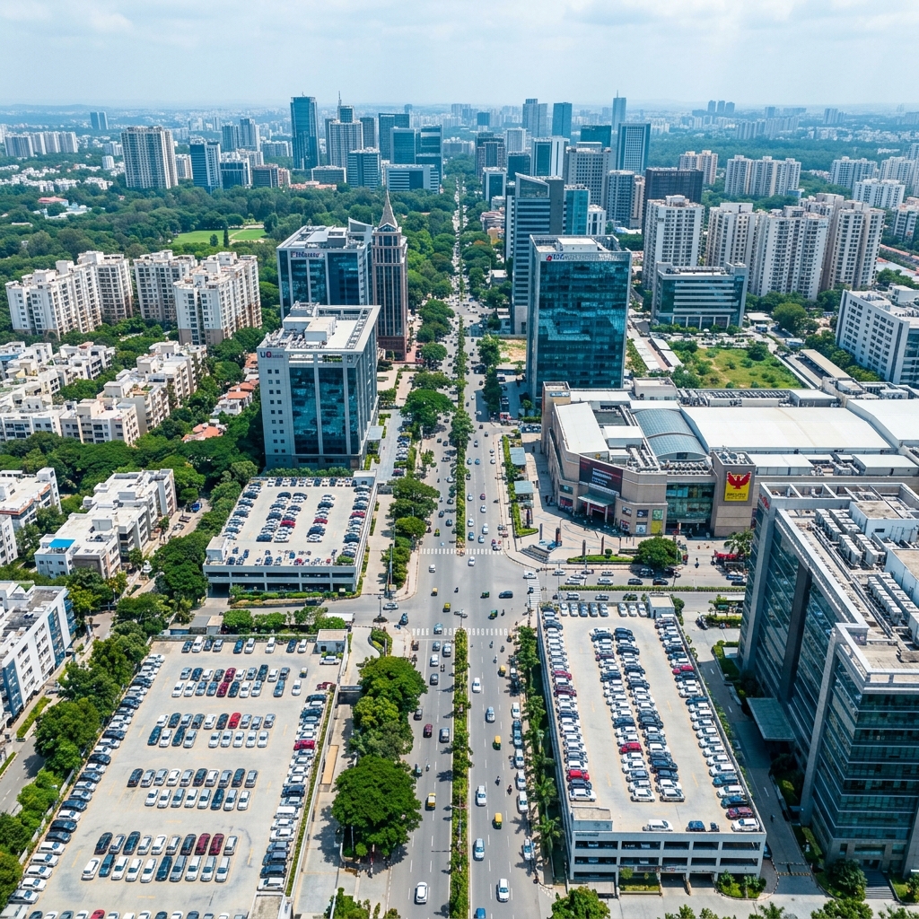 Modern Indian cityscape with parking spaces